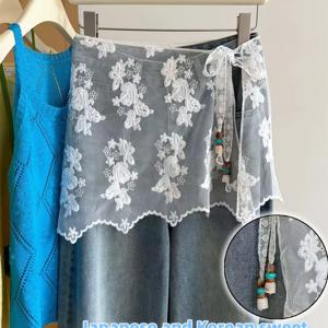 TEMU and Korean Instagram-style Sweet Floral Embroidered Mesh Side-slit Tie-up Exquisite Beaded Half-slip Petticoat, Four Seasons Lightweight Semi-er La Layering Peplum Skirt