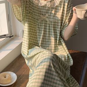 TEMU 플러스 사이즈용 여성용 여름 반팔 미디 원피스, 레이스 인형 칼라, 그린 체크무늬 프린트, 캐주얼 원피스, 중간 신축성 원단, 나이트가운, 파자마 원피스, 아우터웨어 또는 라운지웨어로 착용 가능