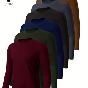 남성용 스포츠 긴소매 크루넥 셔츠 6개 세트, 6가지 색상: 다크 레드, 아미 그린, 네이비 블루, 블랙, 그레이, 카키, 속건성 상의, 피트니스 스포츠웨어, 캐주얼 아웃도어 스포츠웨어, 바디 쉐이핑 운동복, 헬스 트레이닝용