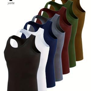 TEMU 7가지 컬러 남성용 탱크탑 7pcs: 블랙, 화이트, 네이비, 그레이, 마룬, 아미 그린, 카키. 패셔너블, 통기성, 편안함, 빠른 건조 운동용 조끼. 남성용 캐주얼 솔리드 컬러 여름 상의. 남성용 스웨트셔츠 탑