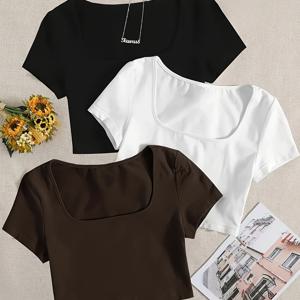 Y2K 베이직 슬림핏 반팔 탑 세트 3종, 스퀘어 칼라 단색 티셔츠, 데일리 캐주얼 탑, 섹시 핫 스포츠 캐주얼 여성 의류