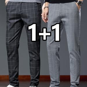 TEMU 투팩 남성용 성숙한 체크무늬 슬림핏 비즈니스 팬츠 2025 여름 얇고 편안한 통기성 스트레치 아이스슬리키 섬유 직사각형 바지, 봄과 가을에 어울리는 다재다능한 한국 스타일 롱 캐주얼 팬츠 by Tongtongbang