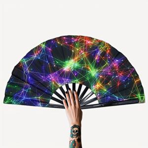 TEMU 13인치 야광 네온 웹 접이식 팬 - EDM 페스티벌, 테크노 파티, 사이버펑크 의상, 클럽, 댄스 쇼, 미래형 코스프레, 무대 이벤트용 컬러풀 그리드 팬 & 쿨한 여름 선물