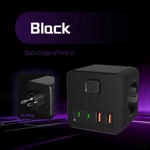 TEMU 7-in-1 벽면 전원 소켓, 3면 AC 콘센트 디자인, USB 포트 2개 및 TYPE-C 포트 2개, 마스터 스위치 1개 포함, 공간 절약형 벽면 소켓, 가정, 침실, 거실, 사무실, 선물용으로 적합, 블랙, 화이트, 퍼플 색상으로 제공