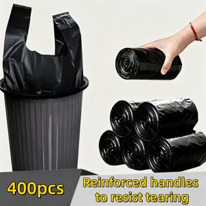 TEMU 400개 검정색 조끼형 쓰레기 봉투, 손잡이 디자인으로 강화 및 내구성 향상, 넓은 지역 쓰레기 수거, 실내외 쓰레기 수거, 애완 동물 배변 보관, 상업 및 가정용, 튼튼한 쓰레기 봉투에 적합