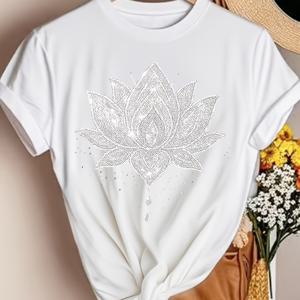 TEMU 여성 로터스 플라워 만다라 프린트 티셔츠, 캐주얼 반팔 크루넥 탑, 그래픽 티, 여름 패션