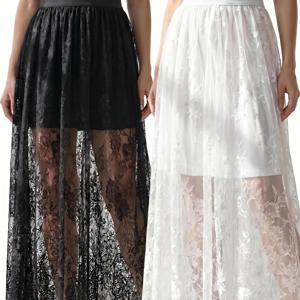 TEMU 2pcs 여성용 속옷 슬립 스커트 레이스 하프 스커트 세트, 봄 여름 가을 겨울 롱 메쉬 반투명 베이스 드레스 속옷 겉옷 하프 스커트