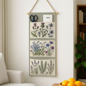 2D 프린트 빈티지 프랑스 라벤더 야생화 스컬프 Wall-Mounted 수납 정리함 1개 - 다층 행잉 백, 패브릭 선반 포함, 공간 절약형, 거실, 침실, 현관에 적합 - 장식용 식물 행잉 선반