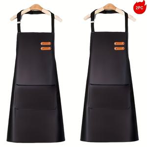 TEMU PU 소재 세탁 불필요 앞치마 2개 세트, 조절식 목선과 주머니 포함, 가정용 턱받이 스타일 주방 작업복, 요리용 앞치마