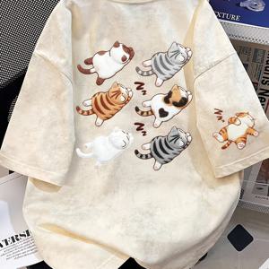 TEMU 남녀공용 부드러운 고양이 프린트 タイダイ 티셔츠 - 루즈핏 반팔 라운드넥 아기 고양이 디자인 캐주얼 상의, 기계 세탁 가능, 봄/여름 의상, 캐주얼 복장, 파티, 피크닉에 적합 - 다용도 블라우스 스타일