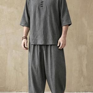 TEMU 유럽 및 미국 스타일 남성용 루즈핏 여름 세트: 헐렁하고 통기성 좋은 ¾소매 만다린 칼라 버튼업 상의 + 와이드 레그 팬츠, 젠 스타일 캐주얼 2피스 세트. 남성용 단색 캐주얼 세트: 새로운 중국 스타일 만다린 칼라 ¾소매 버튼업 상의 + 하렘 팬츠, 여름 통기성 티 세트 2-in-1 룩, 신상품