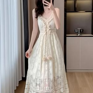 TEMU 해변 휴가 스타일 드레스, 정교한 레이스 심플 1개 여름 캐미솔 원피스, 해변 여행용 기품 있는 허리 조임 촬영복 원피스