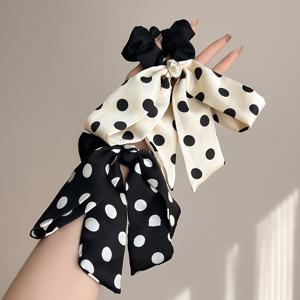 TEMU 대형 엘레강스 고급 헵번 스타일 새틴 대비 색상 폴카 도트 리본 보우 헤어 타이 2개, 업스타일 및 여성 헤어스타일용