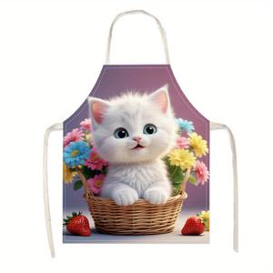 TEMU 1개 귀여운 만화 고양이 프린트 주방 앞치마 패션 요리 장식 파티 앞치마 패션 가정용 주방 작업복 주방 액세서리