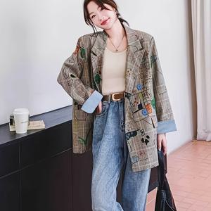 TEMU 회색 체크 무늬 정장 재킷 디자인 주도 스트리트 스타일 루즈 캐주얼 프린트