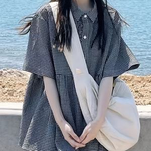 TEMU 여성용 일본 빈티지 체크무늬 반팔 셔츠, 여름 니치 루즈핏 블라우스, 고급 인형 스타일 상의