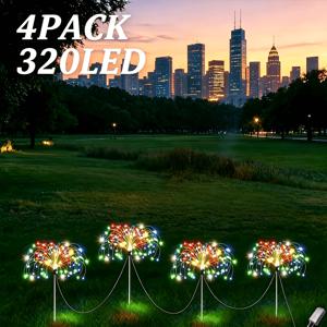 TEMU 4개입 - 320 LED 태양광 민들레 별 폭발 조명 - 4개입 - 240 LED 8가지 모드, LED 불꽃놀이 디자인, 자동 On/Off 야외 안뜰, 라마단, 발렌타인데이, 생일 장식 태양광 조명, 불꽃놀이 축제 조명 따뜻한/흰색/