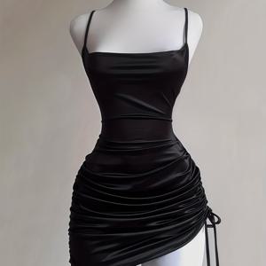 TEMU 새로운 여성용 단색 레이스업 드로스트링 오픈백 캐미솔 원피스, 파티, 데이트, 스트리트 스타일, 칵테일 행사, 신부 들러리 드레스, 데일리웨어용으로 패셔너블하고 우아하며 사계절용