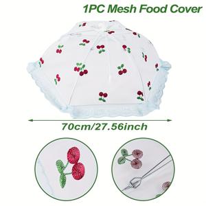 TEMU 1개 체리 프린트 모기 & 먼지 방지 푸드 텐트 - 접이식 돔 메쉬 커버, 체리 블라썸 트림, 휴대용 곤충 방지, 야외 피크닉, 캠핑, 주방 테이블 & 바베큐 이벤트용 - 가벼운 비방탄