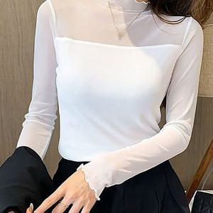 TEMU 여성 봄 반폴라 슬림핏 시스루 블라우스 댄스복상의 공연복 망사 티셔츠 긴팔 여성 반폴라시스루 망사 긴팔 긴팔 티셔츠 상의 봄 여름 데일리 캐주얼 면+폴리에스터 이너 티셔츠