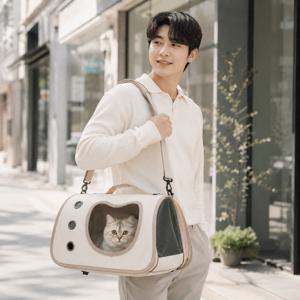 TEMU 휴대용 반려동물 이동가방 고양이 이동장 3면 통풍 투명창 손잡이 크로스백 겸용