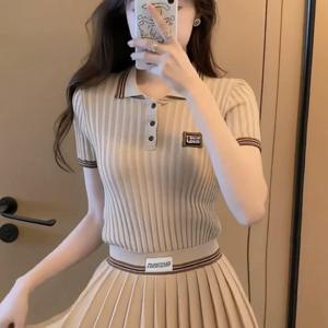 TEMU 한국 스타일 인스타 스타일 여성용 여름 2026 폴로 칼라 탑 플리츠 스커트 투피스 세트
