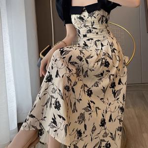 TEMU 여성 배색 플라워 롱원피스 스퀘어넥 퍼프소매 반팔 꽃무늬 A라인 슬림핏 페미닌 하객룩 데이트룩 격식룩 여름 휴양지룩