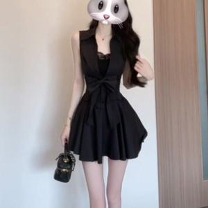 TEMU 블랙 폴로 셔츠 민소매 원피스, 매력 넘치는 허리 A라인 포피 숏 스커트