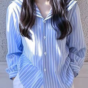 TEMU 여성 봄가을 긴팔 캐주얼 편안한 심플 블루 셔츠 얇은 데일리 패션 부드러운 세일러카라 버튼 블라우스 상의 슬림소녀