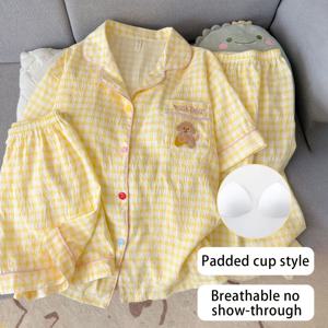 TEMU 여성용 파자마 세트 3pcs 2026 여름 신상 라펠 가디건 여성용 고정 가슴 패드 반팔 반바지 긴 바지 봄 여름 스위트 체크 무늬 강아지 프린트 루즈핏 캐주얼 경량 통기성 땀 흡수성 아웃웨어 홈웨어 세트