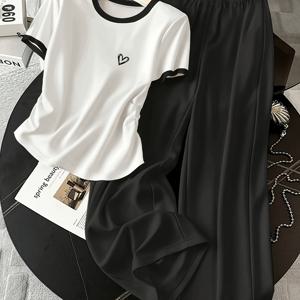 TEMU 2pcs 세트: 여성 캐주얼 반팔 티셔츠 및 바지 세트, 여름 하트 모양 프린트, 블랙 앤 화이트 컬러 블록 라운드넥 탑 및 바지 잠옷 세트, 편안한 데일리 캐주얼 웨어, 집, 수면에 적합