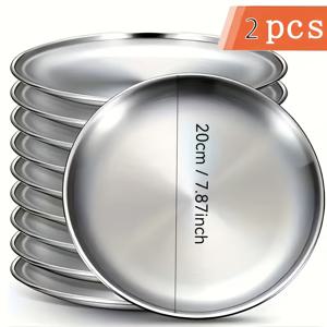 2개 세트 두꺼운 디너 플레이트, 대형 원형 스테인리스 스틸 덮개 디너 플레이트 - 은색 트레이 (캠핑, 결혼식, 뷔페용) | 식기세척기 사용 가능, 녹 방지, 쌓을 수 있음