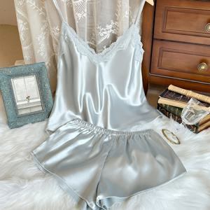 TEMU 레이스 패치워크 파자마 세트 2pcs, 브이넥 캐미솔과 반바지, 편안한 수면복