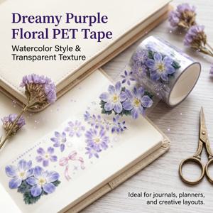 TEMU 1롤 보라색 꽃무늬 투명 PET 테이프, 수채화 꽃과 핑크 리본 장식용 데코 와시 테이프, 저널링 스크랩북 공예용 2M 투명 PET 테이프