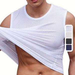 남성용 여름 통기성 메쉬 조끼, 가볍고 흡습성이 뛰어난, 헬스장, 해변, 캐주얼웨어용, 단색 크루넥 디자인, 스타일리시한 여름 탱크탑