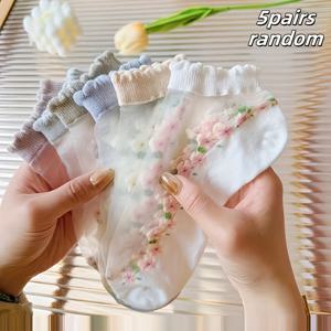TEMU 5켤레 랜덤 여성용 아이스 삭스, 플로럴 레이스 얇은 여름 발목 양말, 캐주얼 의상 및 선물용으로 적합