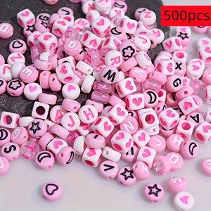 TEMU 500개 멀티컬러 아크릴 하트 모양 비즈, 주얼리 제작 호환 - 4X7mm 및 6X6mm 소형 레터 비즈, 팔찌, 목걸이, 휴대폰 공예용 - 반투명 색상 (500개 비즈)