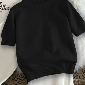 TEMU 스웨터 부티크, 여성 빈티지 홈 풀오버, 라운드넥 반팔 부드럽고 편안한, 탄성 탑, 라운드넥 반팔 스웨터만 판매