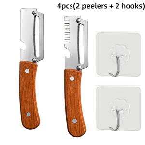 TEMU 나무 손잡이형 3-in-1 다기능 야채 필러, 줄리엔 슬라이서, 병따개 세트 4개 - 필러 2개 + 후크 2개, 수세미가 필요 없는 편리한 주방 도구, 오른손잡이용, 과일, 채소, 사탕수수용