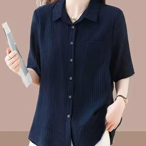 TEMU 여성용 여름 패션 캐주얼 스타일 나이 감추는 상의, 심플하고 스마트한 세로 싱글 포켓 라펠 반팔 셔츠