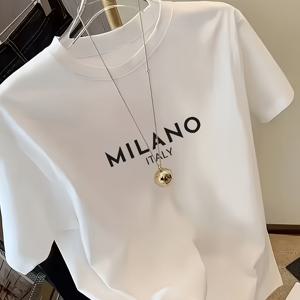 여성 화이트 ITALY 레터 반팔 티셔츠, 이지 인스 스타일, 시원하고 부드러운 원단, 루즈핏, 데일리 출퇴근, 다용도 고급스러운 상의