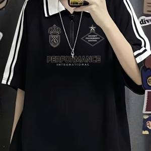 TEMU 칼라 디자인 컬러블록 패치워크, 반팔 레터 프린트, 2026 여름 루즈핏 아메리칸 스타일 티셔츠