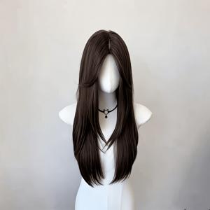 TEMU 누구에게나 어울리는 26인치 데일리 가발, 다크 브라운 미디엄 스플릿 롱 폭신한 헤어, 자연스러운 피부 친화적, 패셔너블하고 우아한 파티용 범용 가발