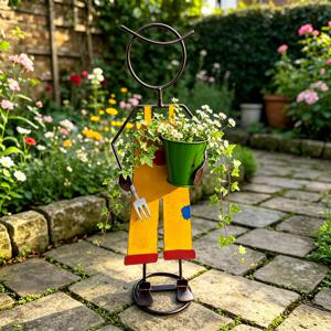 TEMU Vintage Iron Wrought Painted Planter with Gardener Holding Flowers, Floor-standing, Human-shaped, for Garden and Courtyard, Floor Display, Vintage Style, Collectible Gardening Gift,home Decor