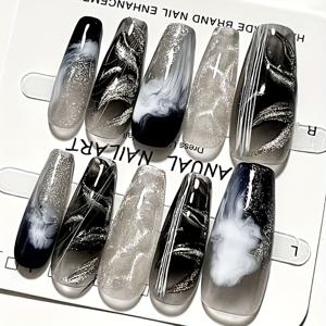 핸드메이드 인조 네일 10개 재사용 가능 발레 모양 광택 대리석 회전 잉크 페인팅 아트, 다양한 장면에 적합