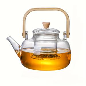 TEMU 1개 1000ml 붕규산 유리 찻주전자, 인체공학적 나무 손잡이, 내열 스토브 상판 사용 가능 찻물 냄비 (아이스티 & 과일티용), 투명 찻물 메이커 (탈착식 인퓨저 포함, 잎사귀 & 꽃차용), 내구성 좋은 콜드 브루 포트, 이상적인 생일 선물
