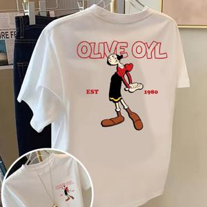 TEMU 남녀공용 앞뒷면 프린트 반팔 티셔츠 - OLIVE OYL, Oliver Oyl 패션 프린트 - 여성용 봄/여름 트렌디한 프린팅 티셔츠,