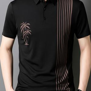 TEMU 새로운 여름 남성용 줄무늬 코코넛 나무 장식 트렌디하고 패셔너블한 심플한 얇은 반팔 상의, 일상 캐주얼 외출, 휴가, 여행에 적합, 라펠 셔츠, 남성용 선물