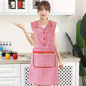 TEMU 1개 라펠 앞치마 여성용 가정용 스커트 스타일 주방 요리 체크 무늬 귀여운 패션 조끼 작업복, 5가지 색상 선택 가능 (블랙, 레드, 데이트 레드, 브라운, 블루)