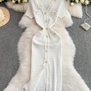브이넥 메탈릭 싱글버튼 단색 패셔너블 프リン지 장식 몸에 꼭 맞는 슬릿 인어 원피스 LL256